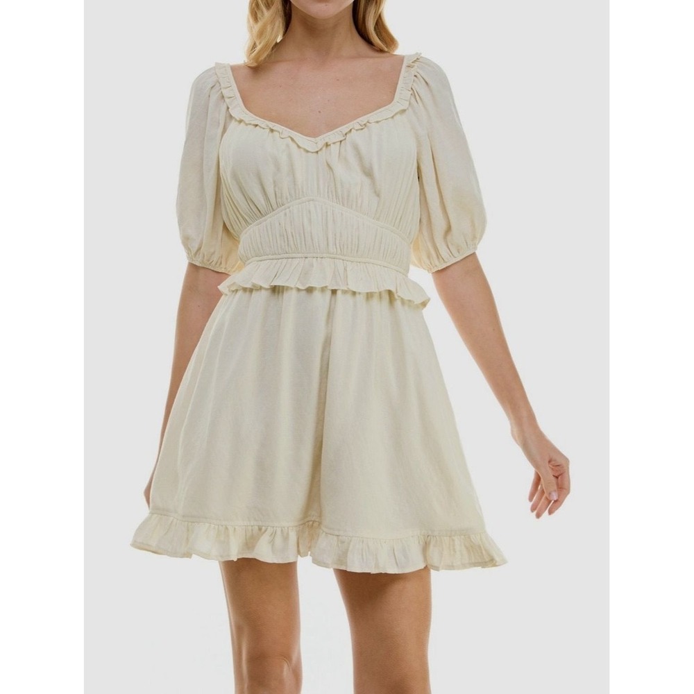 Trixxi Puff Sleeve Smocked Mini Dress Womens Size XL Cream Cottagecore Peasant